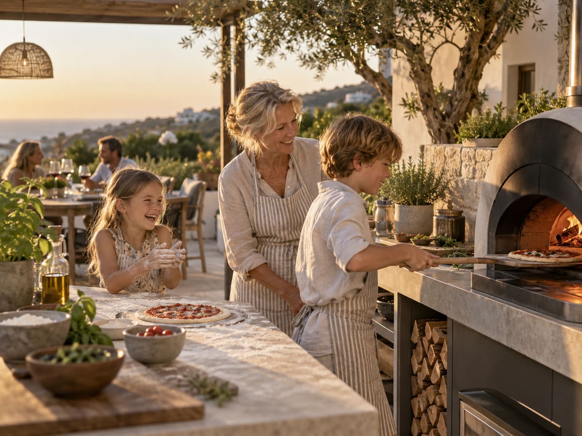Grandmother and children making pizzas at a built-in wood-fired oven on a terrace in the evening sun