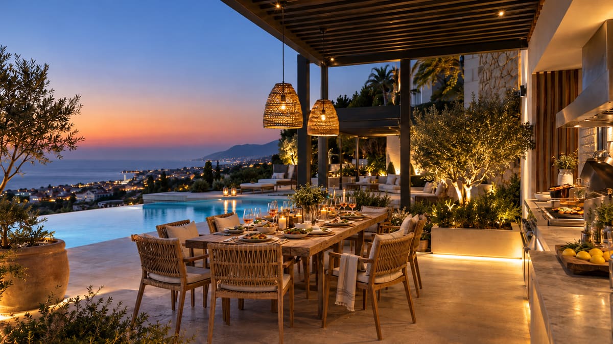 Dinner table laid for eight under a lit pergola next to an outdoor kitchen, with a pool and the sea at dusk