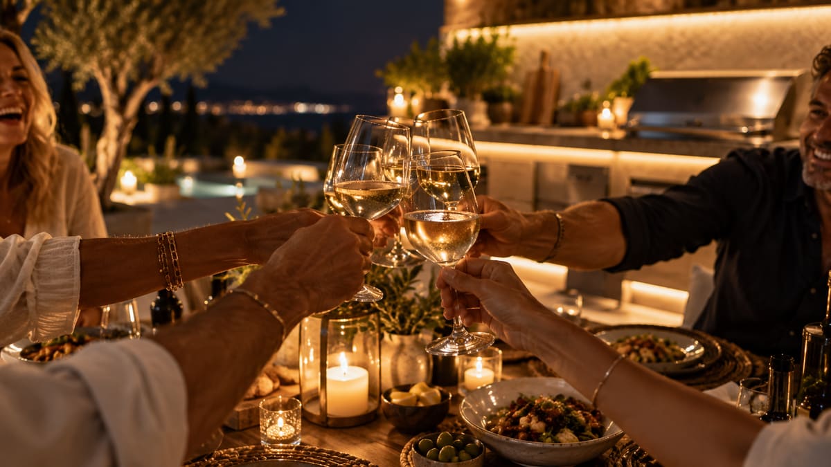 Glasses of white wine raised over a candlelit dinner beside a lit outdoor kitchen at night